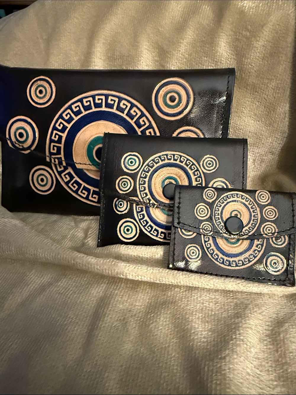 Leather wallet/pouch set from Greece. 
Evil Eye design.